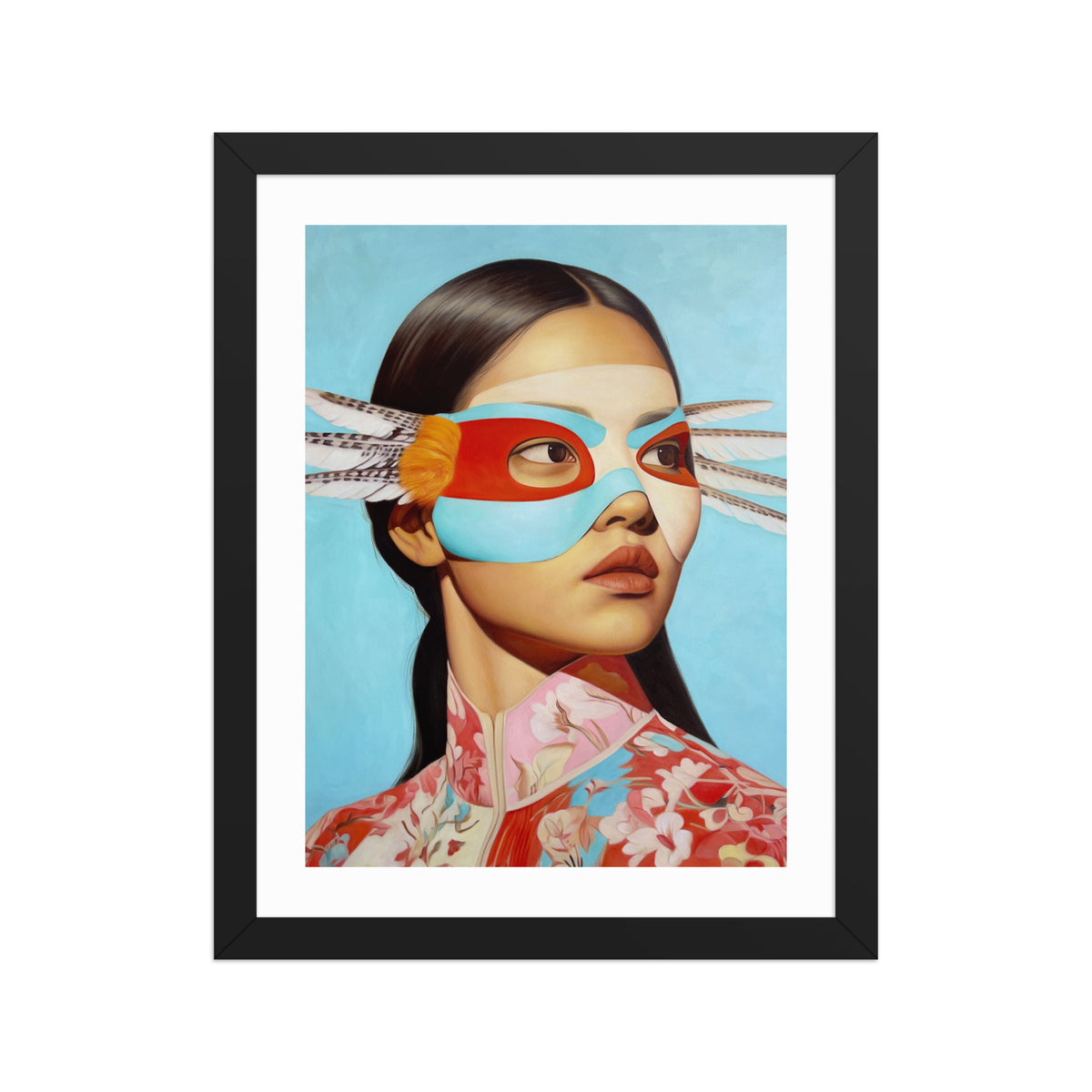 MEFREEK Seth Jennemann Open Edition Print She Likes It Better Wrong framed in black; contemporary portrait of a woman in a color-blocked mask with striped feathers, rendered in high-saturation oil-style realism with precise lighting.