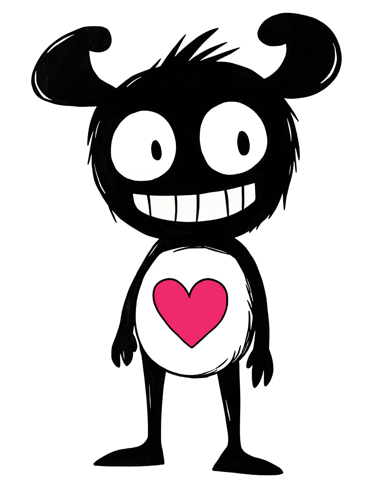MEFREEK Seth Jennemann Seff – black cartoon creature with large expressive eyes, curved ears, and a bright pink heart on its chest, illustrated in bold hand-drawn pop-surreal style with high-contrast black and white tones and minimalist character design.
