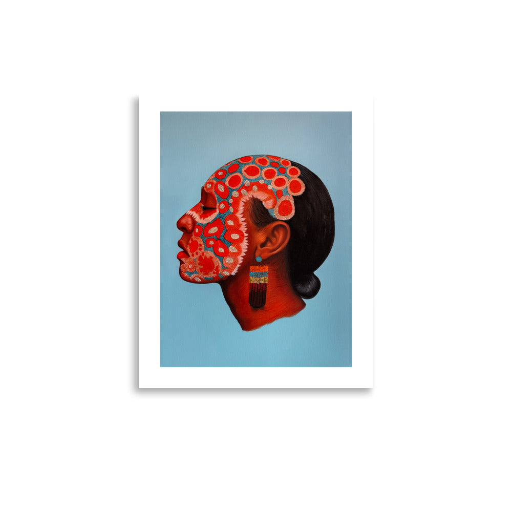 MEFREEK Seth Jennemann Open Edition Print profile portrait of a Native American Indian with intricate red and white circular organic patterns covering her face and head, wearing a beaded earring, rendered in a hyper realistic surreal style against a soft blue background