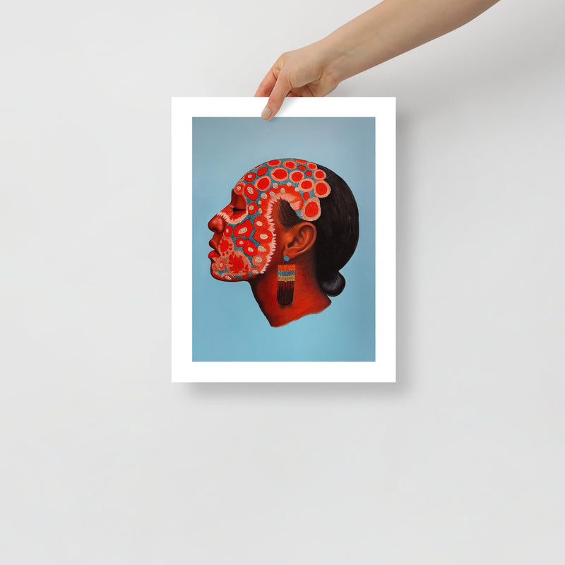 MEFREEK Seth Jennemann Open Edition Print surreal side profile of a Native American Indian with textured, cell-like red and coral formations spreading across her face and scalp, detailed skin tones and beadwork set against a clean gradient blue backdrop in a refined oil painting style