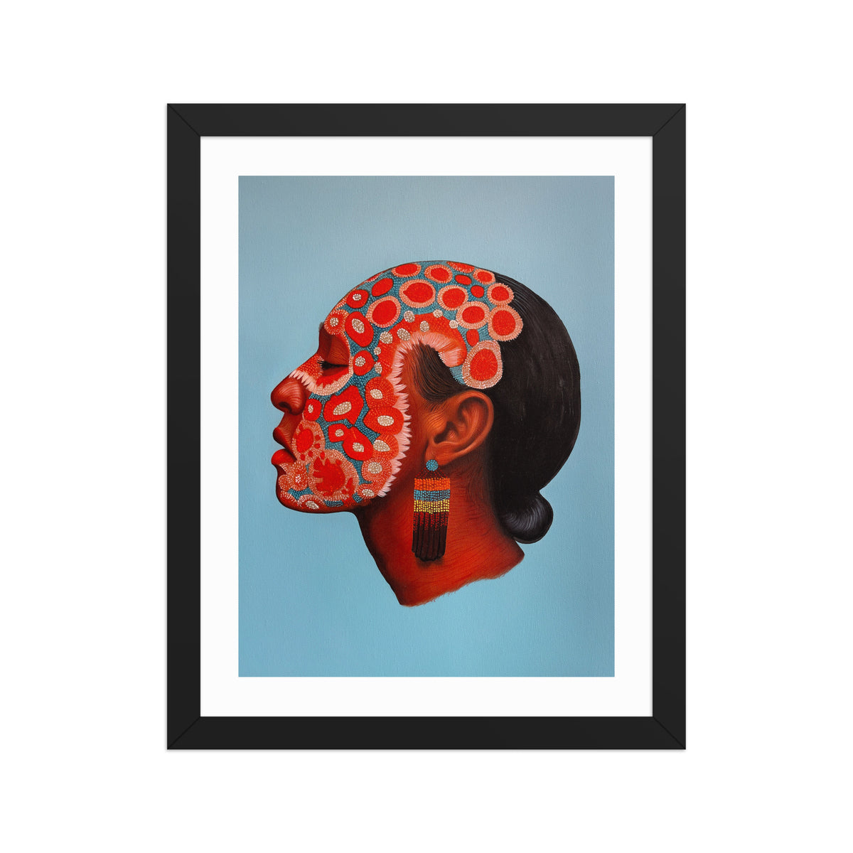 MEFREEK Seth Jennemann Open Edition Framed Print Self-Assembly In Progress, surreal profile portrait of a Native American with intricate red and coral patterned forms resembling cells or blossoms covering the face, contrasted with smooth dark hair and a detailed beaded earring, set against a soft blue background, contemporary fine art with bold color and organic abstraction