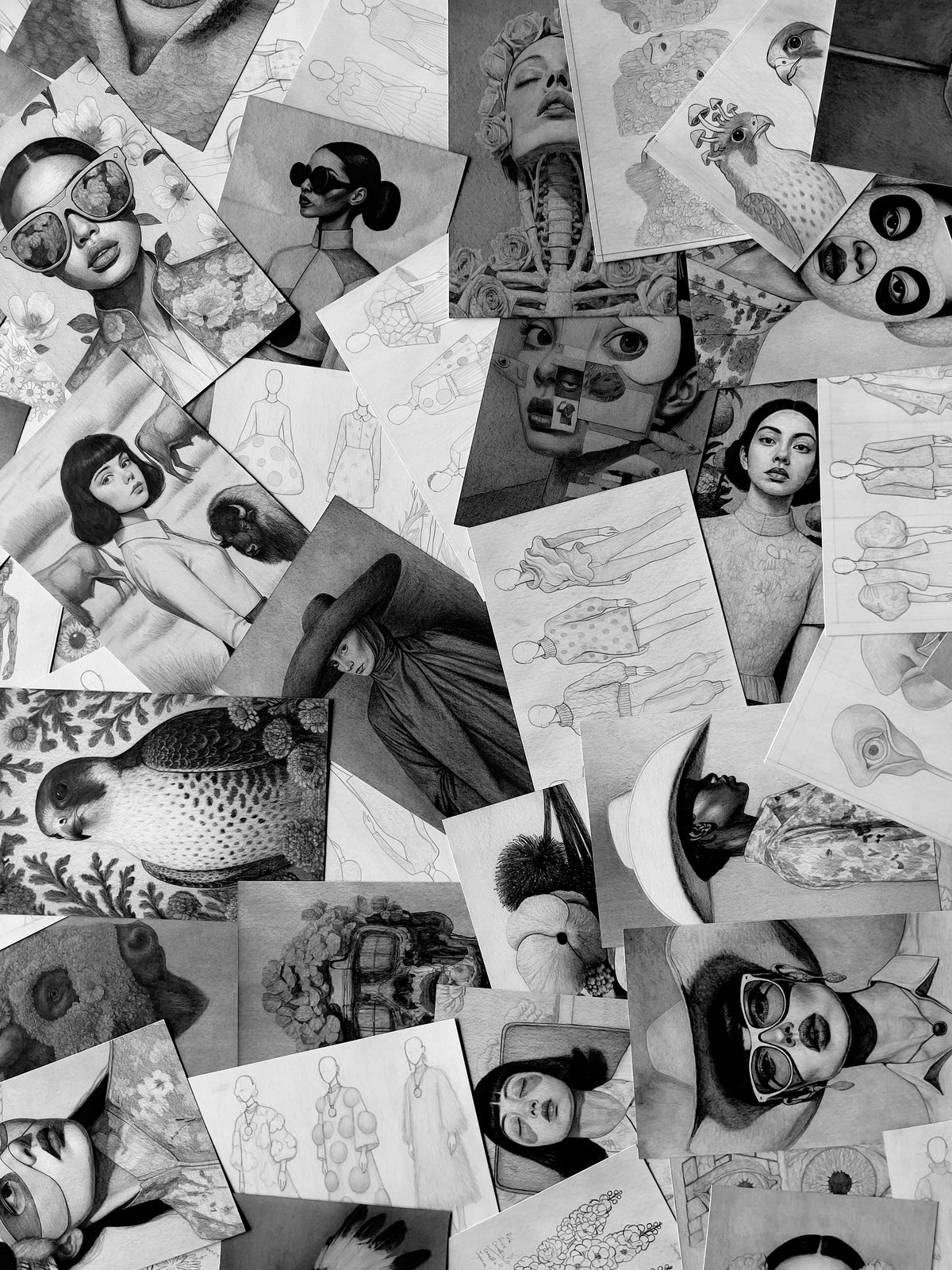 MEFREEK Seth Jennemann drawing collage featuring dozens of hyperreal graphite portraits, figure studies, surreal anatomical illustrations, fashion sketches, and detailed bird renderings arranged in an overlapping layout, high contrast black and white composition with intricate shading and fine art texture.
