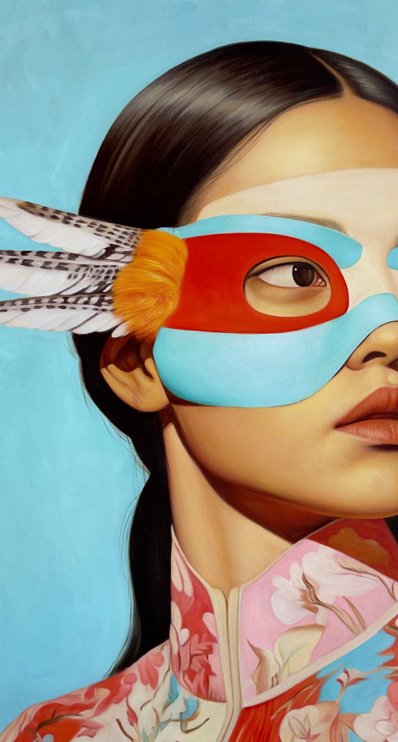 MEFREEK Seth Jennemann She Likes It Better Wrong hyperreal oil painting detail of a woman wearing a red and light blue mask with feathers extending from the sides, surreal portrait painting on a blue background
