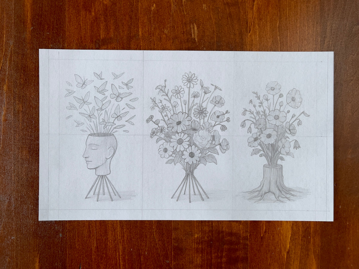 Seth Jennemann MEFREEK Small Catastrophes In The Courtship Of Edwin Brash – graphite croquis drawing in a surreal conceptual style showing three evolving vignettes: a head releasing butterflies, a bouquet of flowers on tripod stems, and a floral arrangement sprouting from a tree stump.
