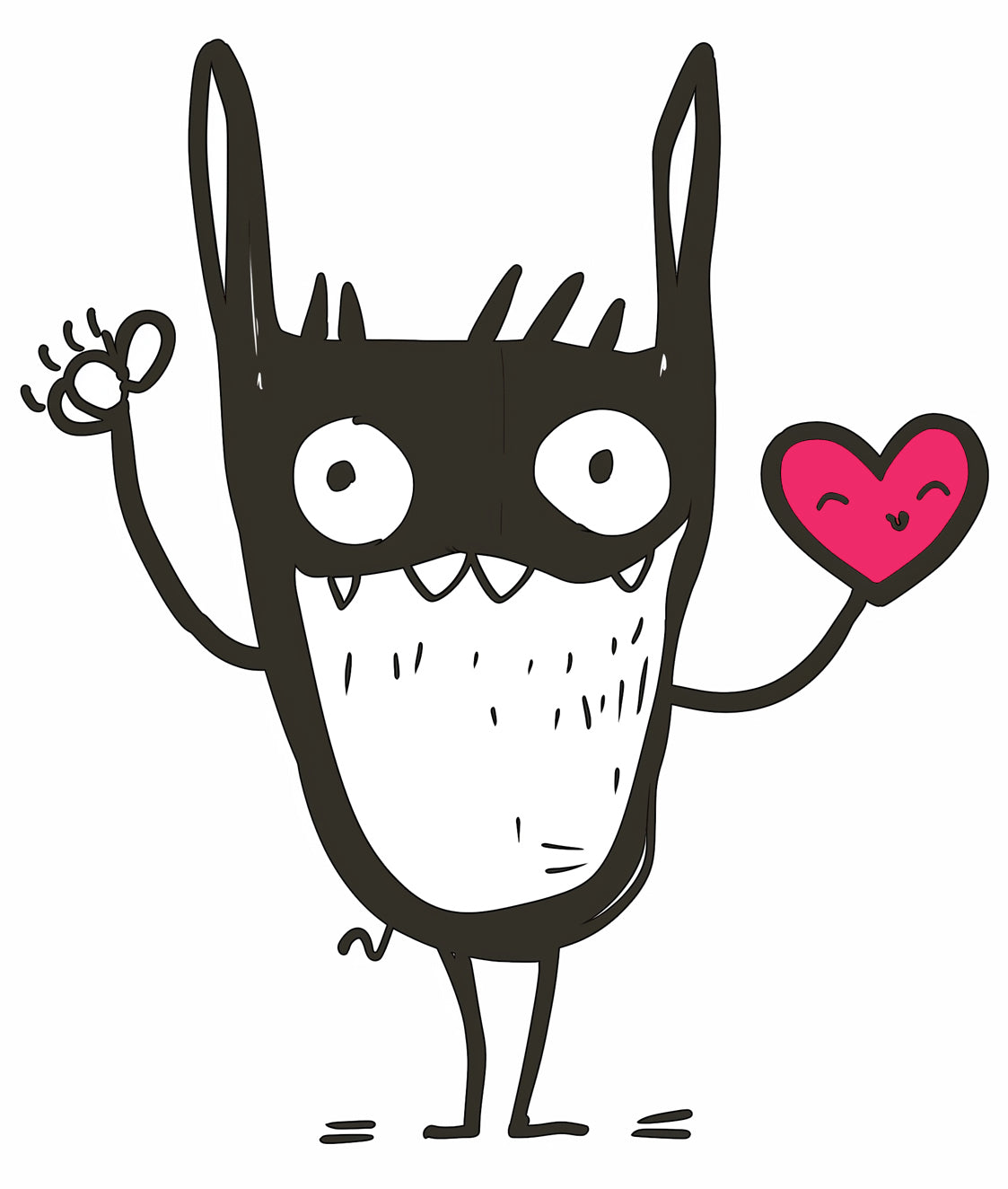 MEFREEK Seth Jennemann Jentlefriend character Smidge, a tall bat-eared figure with large eyes and a pink heart held in one hand. Whimsical minimalist cartoon in bold black ink with magenta heart accent and expressive posture.
