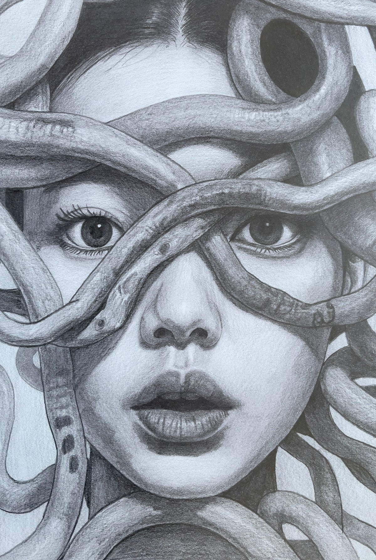 MEFREEK Seth Jennemann Graphite Pencil Drawing of a surreal female face entangled with twisting serpents wrapping across the eyes and cheeks, rendered in detailed grayscale with smooth skin tones, intricate snake textures, and an intense high-contrast composition that blends realism with mythological symbolism