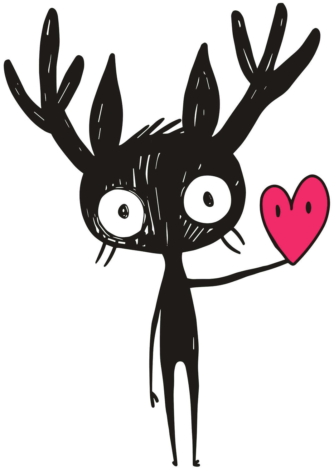 MEFREEK Seth Jennemann Jentlefriend deer-like character Staggle with tall antlers and large eyes holding a pink heart. Bold black line illustration with surreal creature design and bright magenta heart accent on white background.