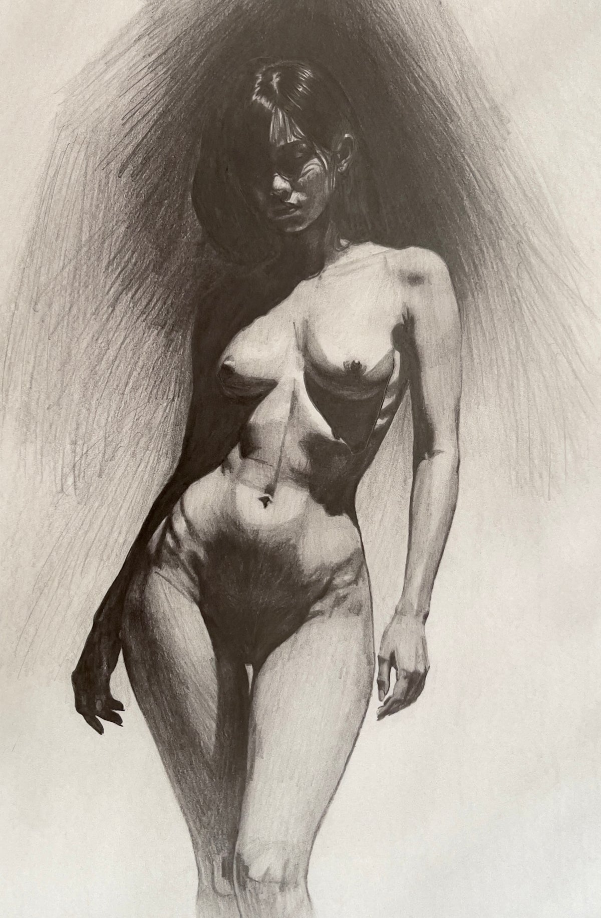 MEFREEK Seth Jennemann Graphite Pencil Drawing of a standing nude female figure with dramatic chiaroscuro lighting, strong directional shadows carving the torso and limbs, expressive gesture, and bold contrast between illuminated skin and deep charcoal background