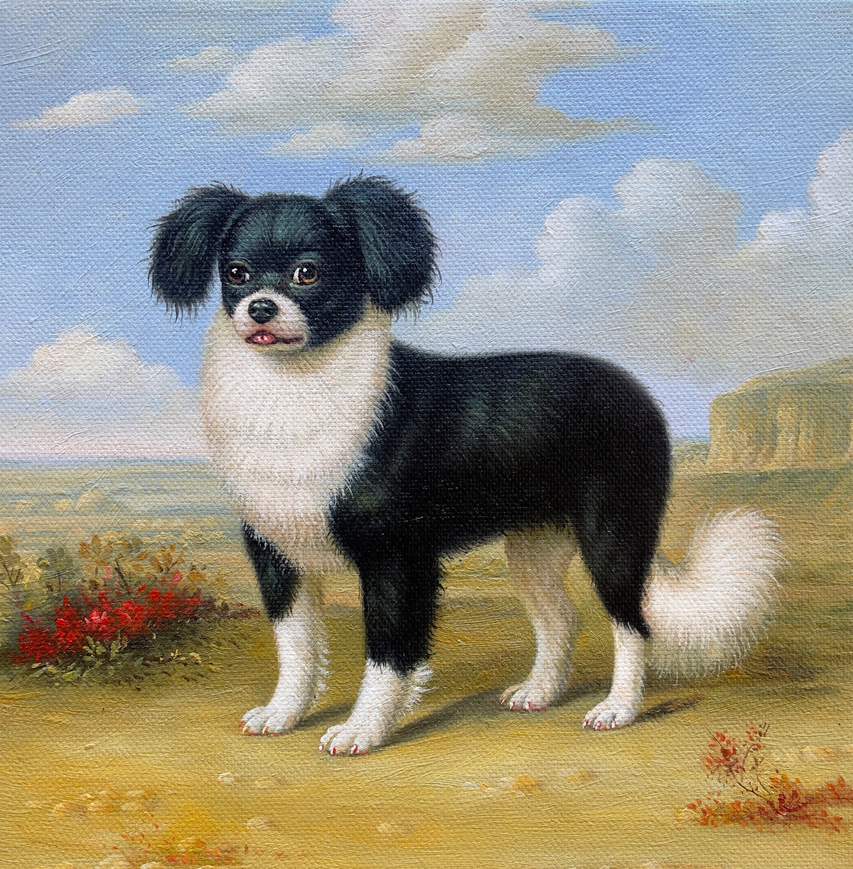 MEFREEK Seth Jennemann Original Oil Painting Stay – Realistic oil painting featuring a small black-and-white dog standing in profile with its head turned toward the viewer against a picturesque coastal landscape. The dog has expressive brown eyes, long shaggy black ears, a white muzzle with a slightly exposed pink tongue, a fluffy white chest, four white paws, and a bushy white tail. Its dark coat is rendered with subtle highlights and finely layered brushstrokes. The surrounding landscape features golden g