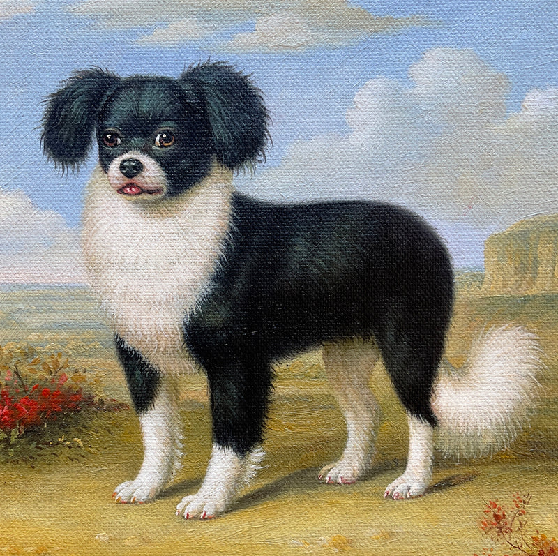 MEFREEK Seth Jennemann Original Oil Painting Stay – Detailed oil painting of a small black-and-white dog standing in a sunlit coastal landscape. The dog has large amber-brown eyes, shaggy black floppy ears, a white muzzle, a tiny pink tongue peeking between its lips, and a thick white chest. Its compact black body contrasts with white legs, delicate pink toenails, and a large fluffy white tail. The dog stands alert on golden sandy ground surrounded by small red wildflowers and sparse vegetation. A calm blue