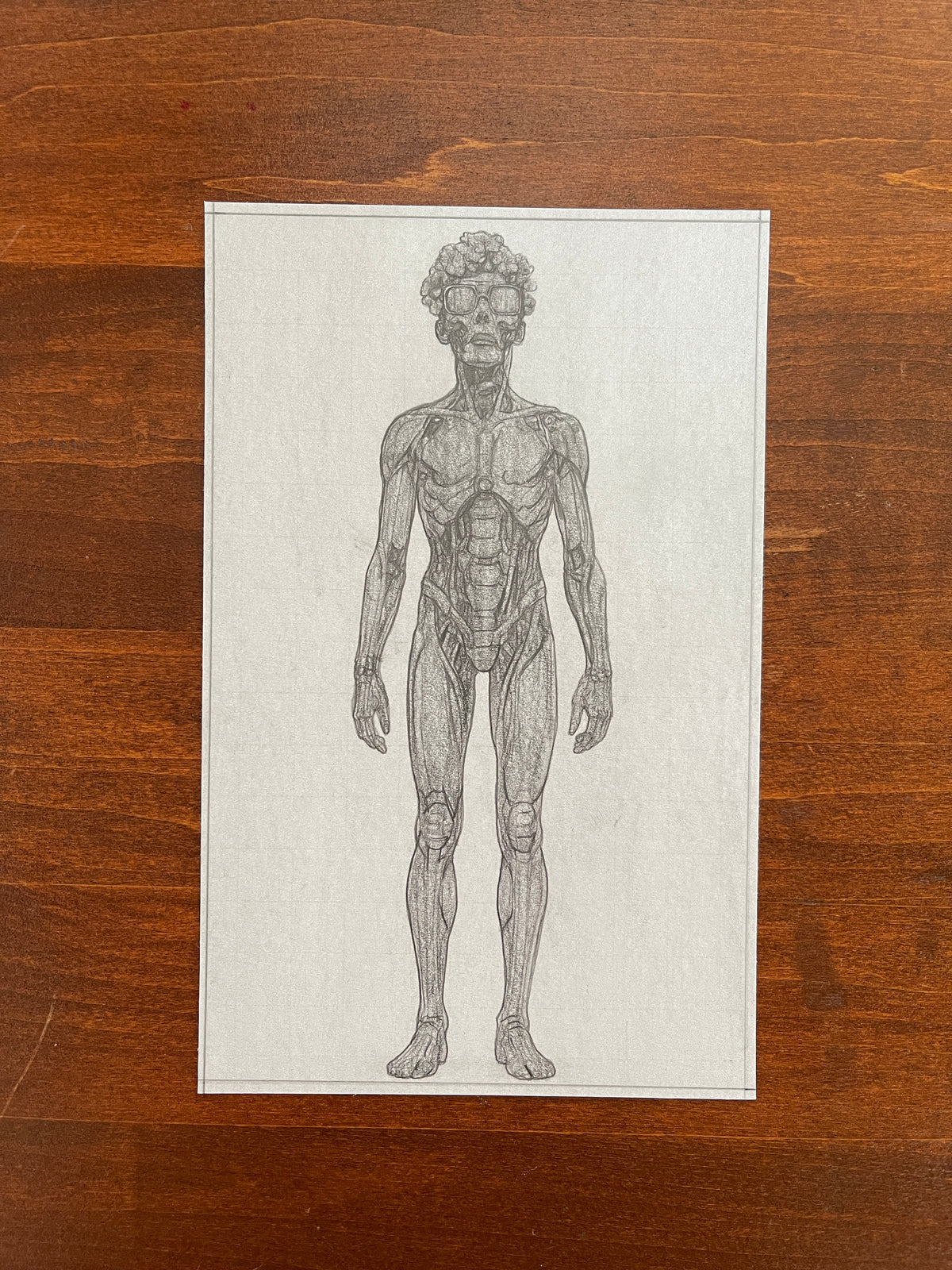 Seth Jennemann MEFREEK Synthetic Bloom – graphite anatomical study in surreal realism style depicting a standing male figure with exposed musculature and biomechanical features, blending human anatomy and futuristic design elements.
