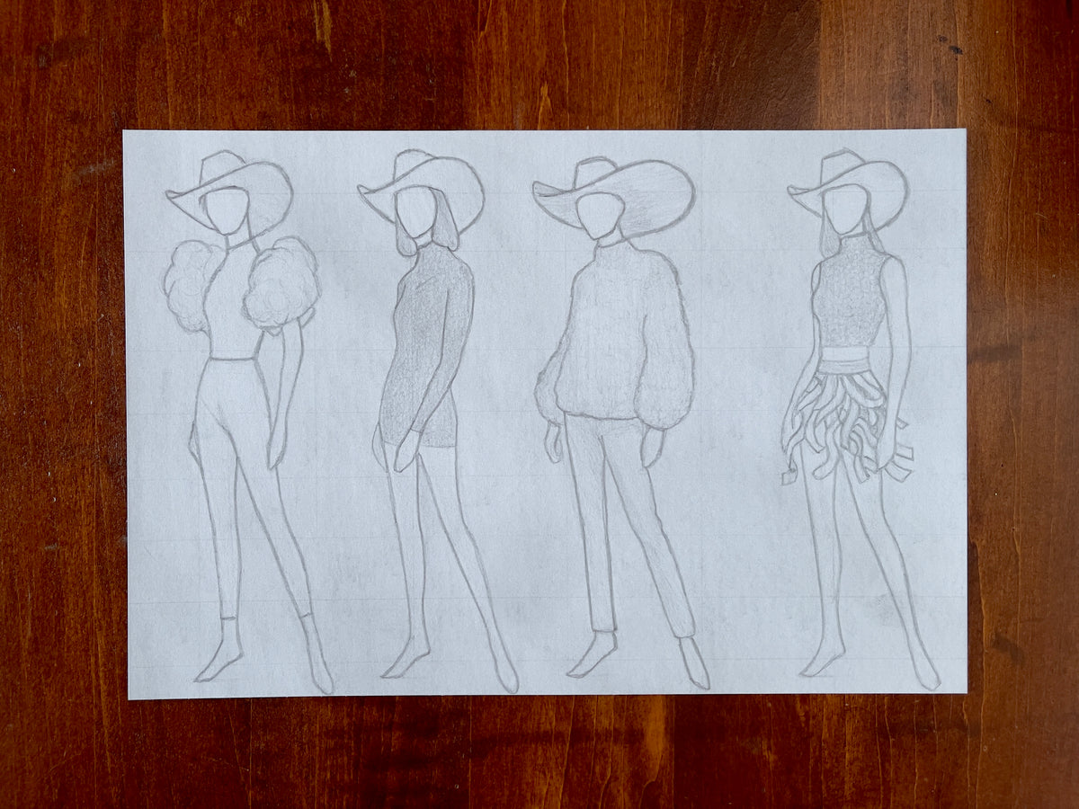 Seth Jennemann MEFREEK Synthetic Sunset For A Lonely Rodeo – pencil drawing in contemporary fashion illustration style featuring four faceless croquis figures in surreal western-inspired attire, including exaggerated cowboy hats, puffed sleeves, textured fabrics, and ribbon-like skirt elements blending futurism with rodeo aesthetics.
