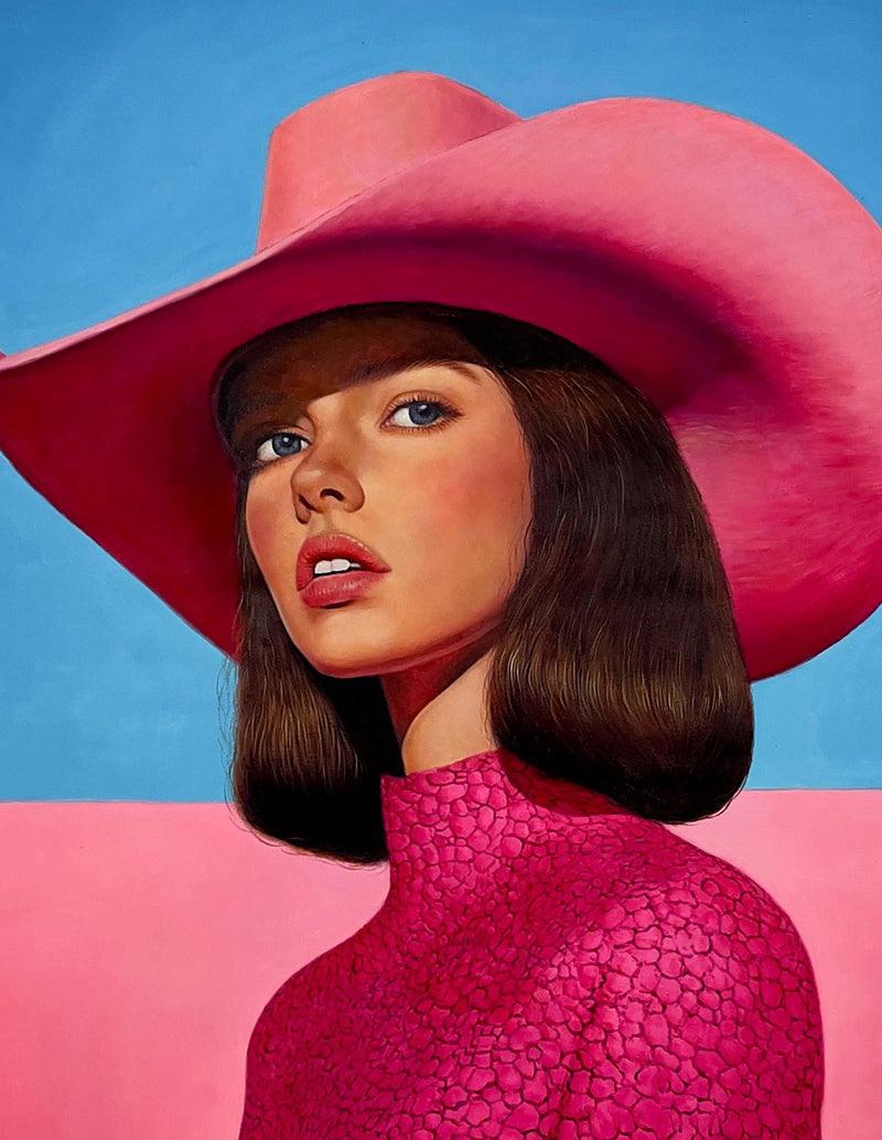 MEFREEK Seth Jennemann Original Oil Painting Synthetic Sunset For A Lonely Rodeo close up hyperrealistic portrait of a woman with blue eyes and softly parted lips wearing a bold pink cowboy hat and richly textured magenta garment with detailed fabric pattern set against a clean turquoise and pink gradient background emphasizing lighting contrast smooth blending and lifelike precision