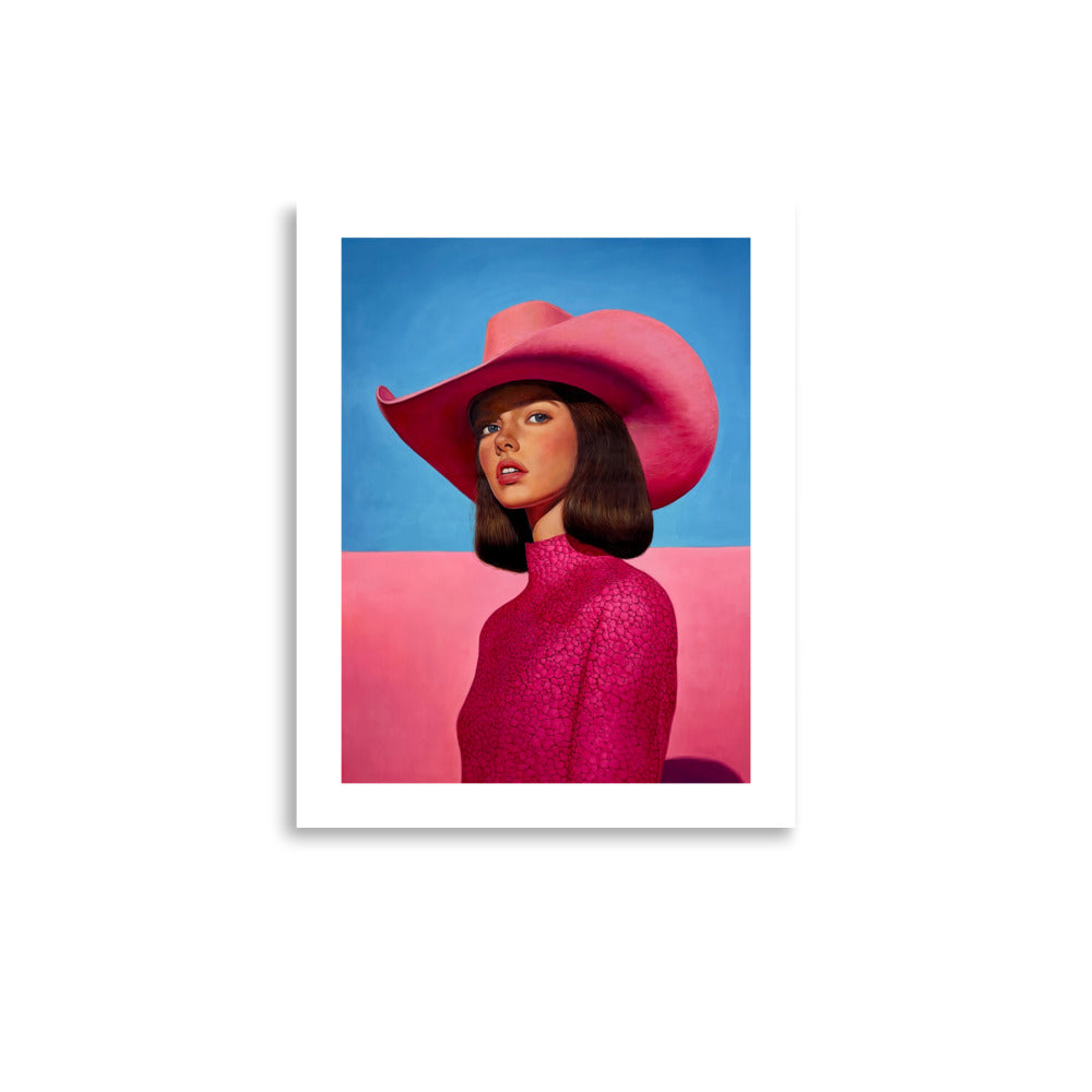 MEFREEK Seth Jennemann Open Edition Print portrait of a woman wearing a bold oversized pink cowboy hat and textured pink top, set against a minimalist two tone background of soft blue sky and pink horizon in a hyper realistic contemporary painting style