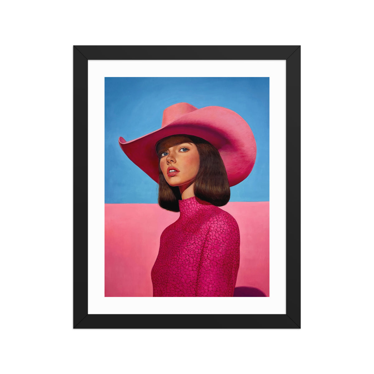 MEFREEK Seth Jennemann Synthetic Sunset Open Edition Framed Print, stylized portrait of a woman in a wide-brim pink cowboy hat and textured pink garment, set against a minimal horizon with soft blue sky and pink ground, smooth hyperreal painting with bold color contrast and surreal fashion aesthetic
