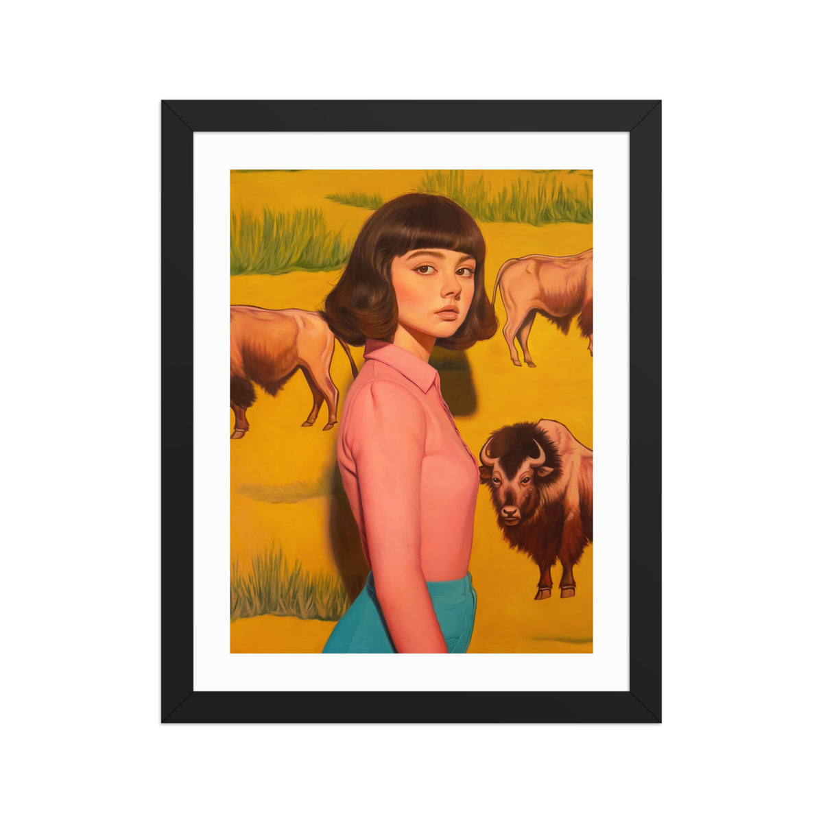 MEFREEK Seth Jennemann Open Edition Print The Dirt Settled And So Did We — hyperreal pop surrealism portrait of a woman in a pink blouse and teal skirt standing against a golden prairie backdrop with bison grazing around her, satirical tone highlighting curated western nostalgia.