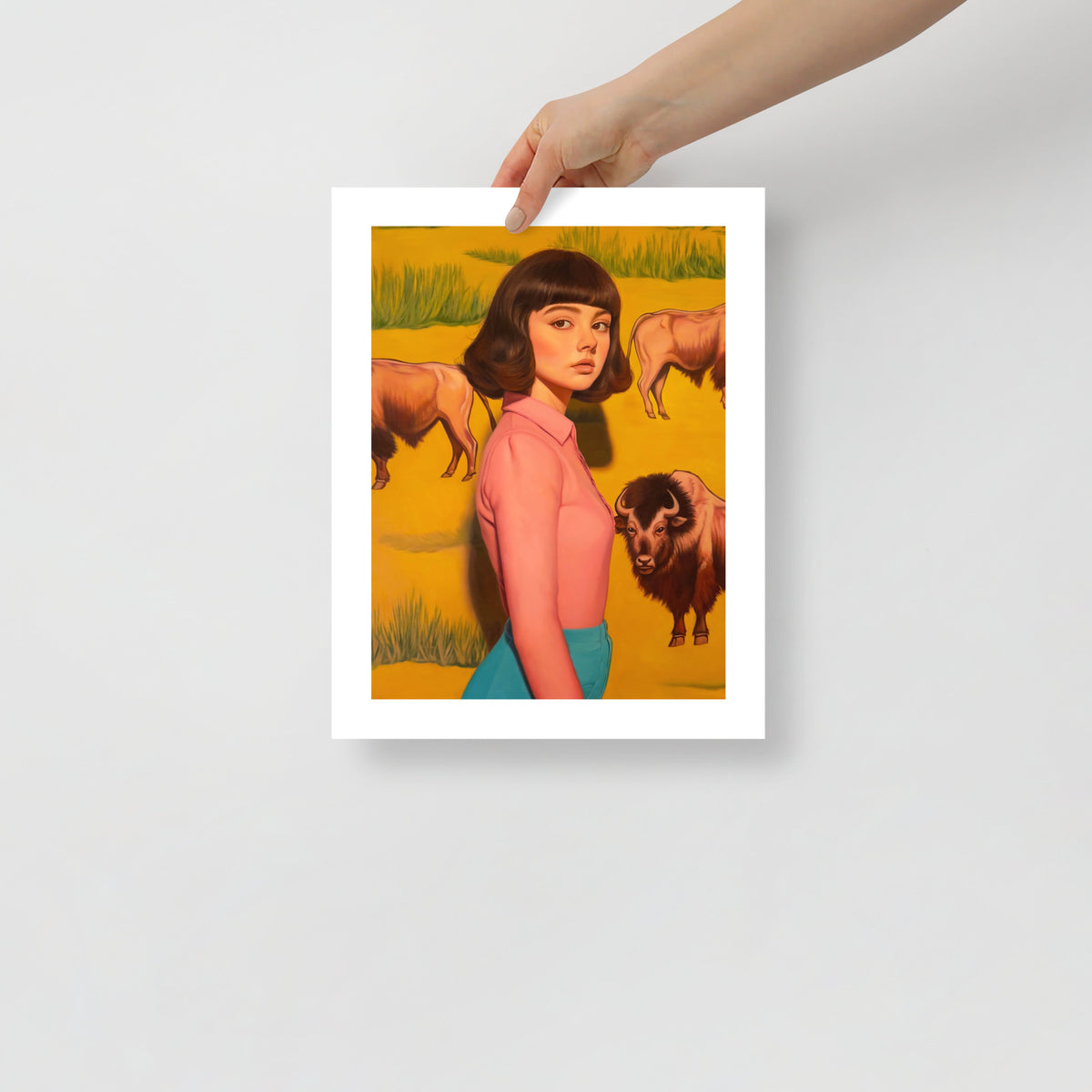 MEFREEK Seth Jennemann Open Edition Print The Dirt Settled And So Did We — detailed oil-style print of a woman in pastel colors surrounded by buffalo on a mustard-yellow field, evoking luxury ranch aesthetics with ironic detachment.