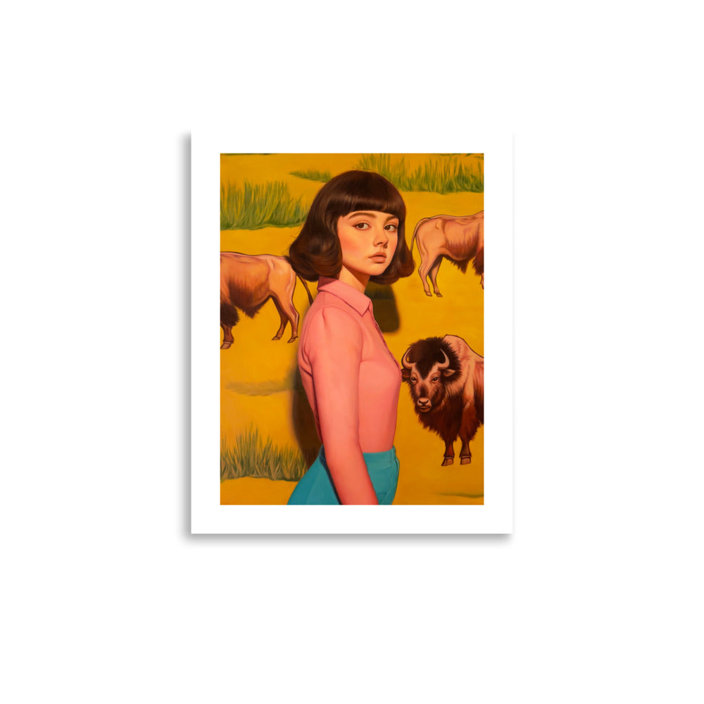 MEFREEK Seth Jennemann Open Edition Print The Dirt Settled And So Did We — contemporary surreal portrait featuring a woman in pink and blue clothing amid stylized bison, blending critique of consumer spirituality with western visual motifs.