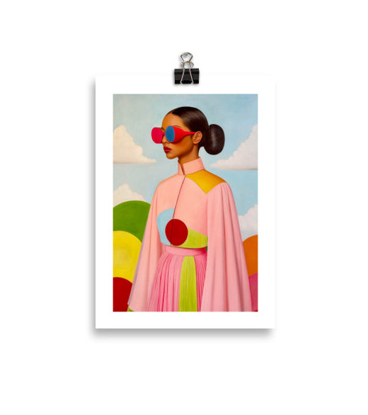 MEFREEK Seth Jennemann Open Edition Print The Future Is Here And You're In The Way fine art print of a hyperreal woman wearing oversized circular red and blue sunglasses, sleek bun hairstyle, and modern geometric fashion in pink and lime tones, set against a minimalist sky background.