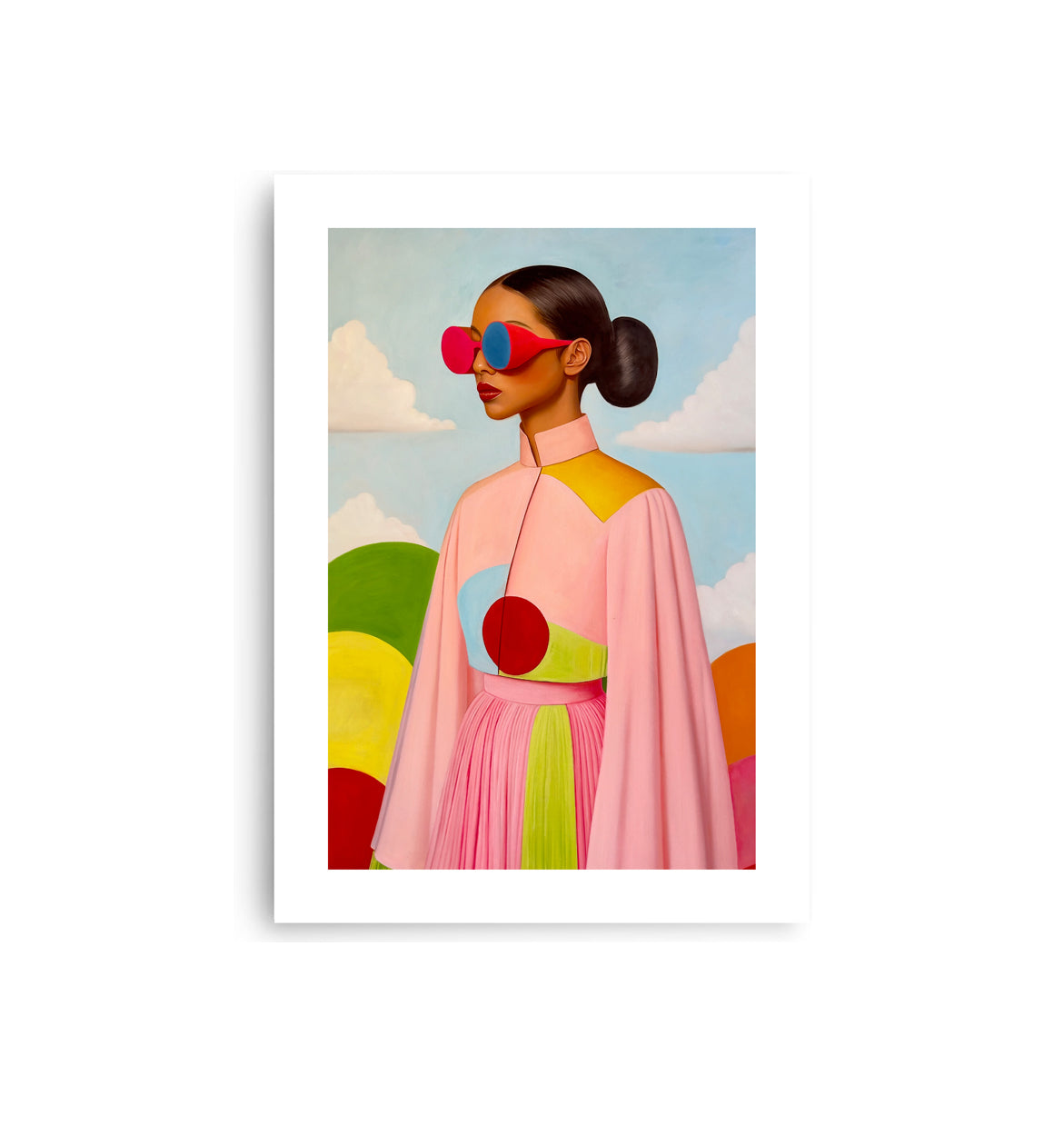 MEFREEK Seth Jennemann Open Edition Print The Future Is Here And You're In The Way unframed art print showing a futuristic female figure in bold pink, yellow, and green geometric clothing with mirrored glasses, hyperreal pop surrealist oil painting on a pastel cloud background.