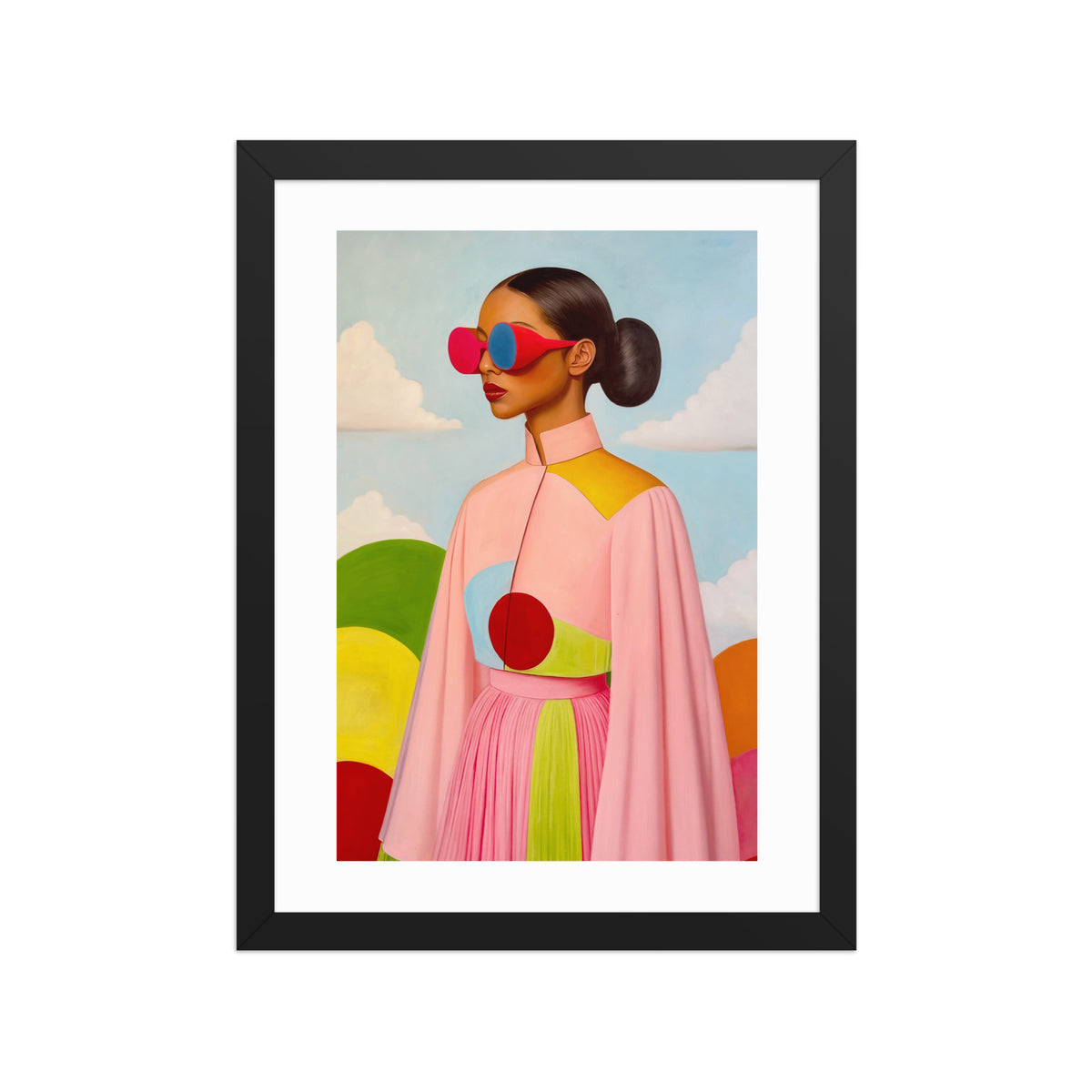 MEFREEK Seth Jennemann Open Edition Print The Future Is Here And You're In The Way framed wall art featuring a surreal hyperreal portrait of a woman in futuristic pink and yellow attire with bold geometric patterns, large red and blue glasses, and a minimal pastel sky with clouds, contemporary pop surrealist oil painting.