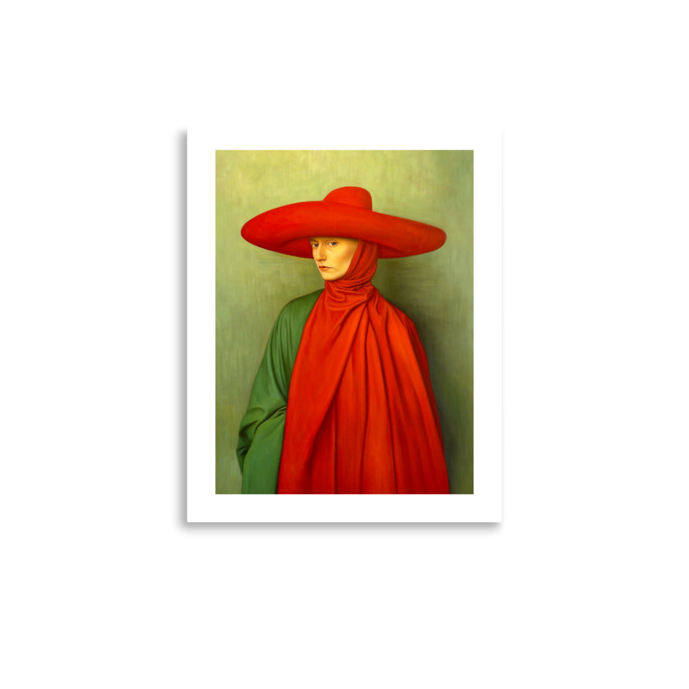 MEFREEK Seth Jennemann Open Edition Print The Linger Of Apology features a hyperreal oil portrait of a solemn figure in a vivid red hat and draped scarf over a green robe, set against a muted olive background. The composition highlights saturated color contrast, soft light, and psychological stillness that defines Jennemann’s contemporary surreal style.