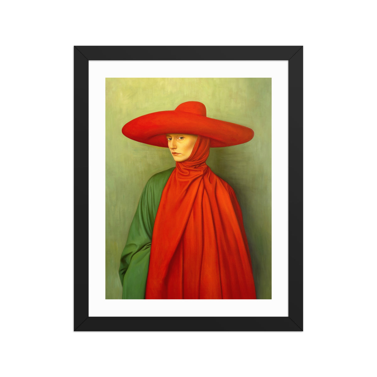 MEFREEK Seth Jennemann Open Edition Print The Linger Of Apology depicts a contemplative subject wearing a bold red wide-brimmed hat and matching scarf over a deep green garment. The painting blends hyperreal detail with smooth tonal transitions, creating a quiet intensity that reflects themes of isolation and reverence.