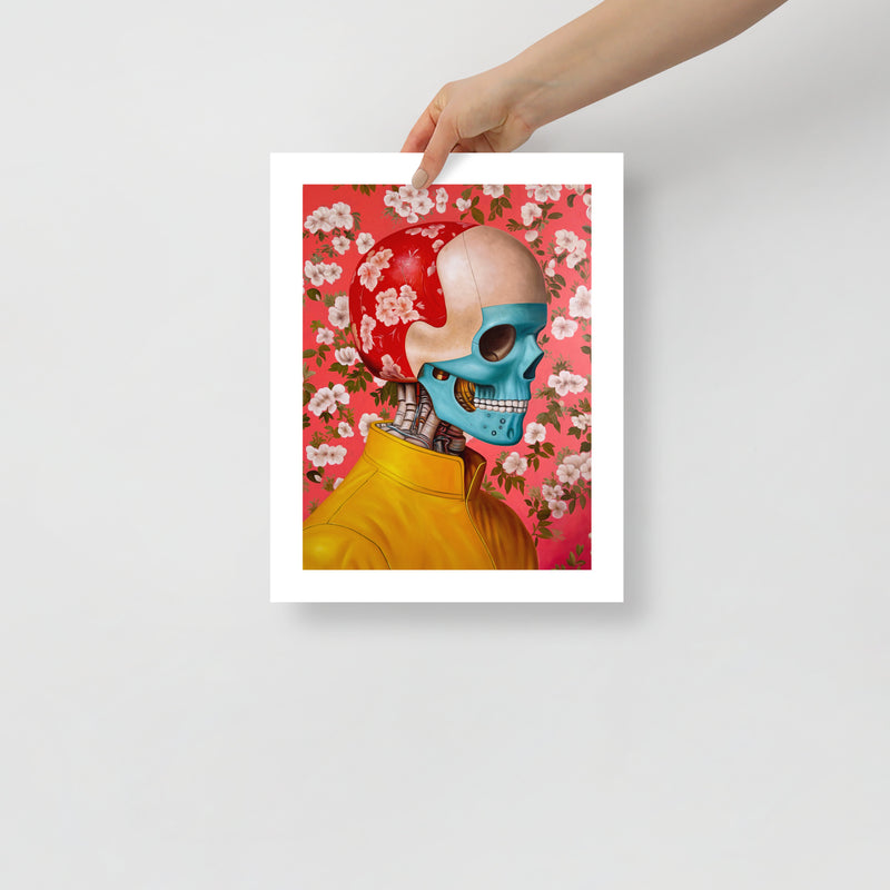 MEFREEK Seth Jennemann Open Edition Print The Museum Of The Human Interval features a hyperreal portrait of a humanoid skull with turquoise bone and red-and-white cranial plating, wearing a yellow jacket against a pink floral background. The detailed cybernetic anatomy and vibrant palette merge surrealism and sci-fi realism, reflecting MEFREEK’s signature commentary on humanity’s digital afterlife.