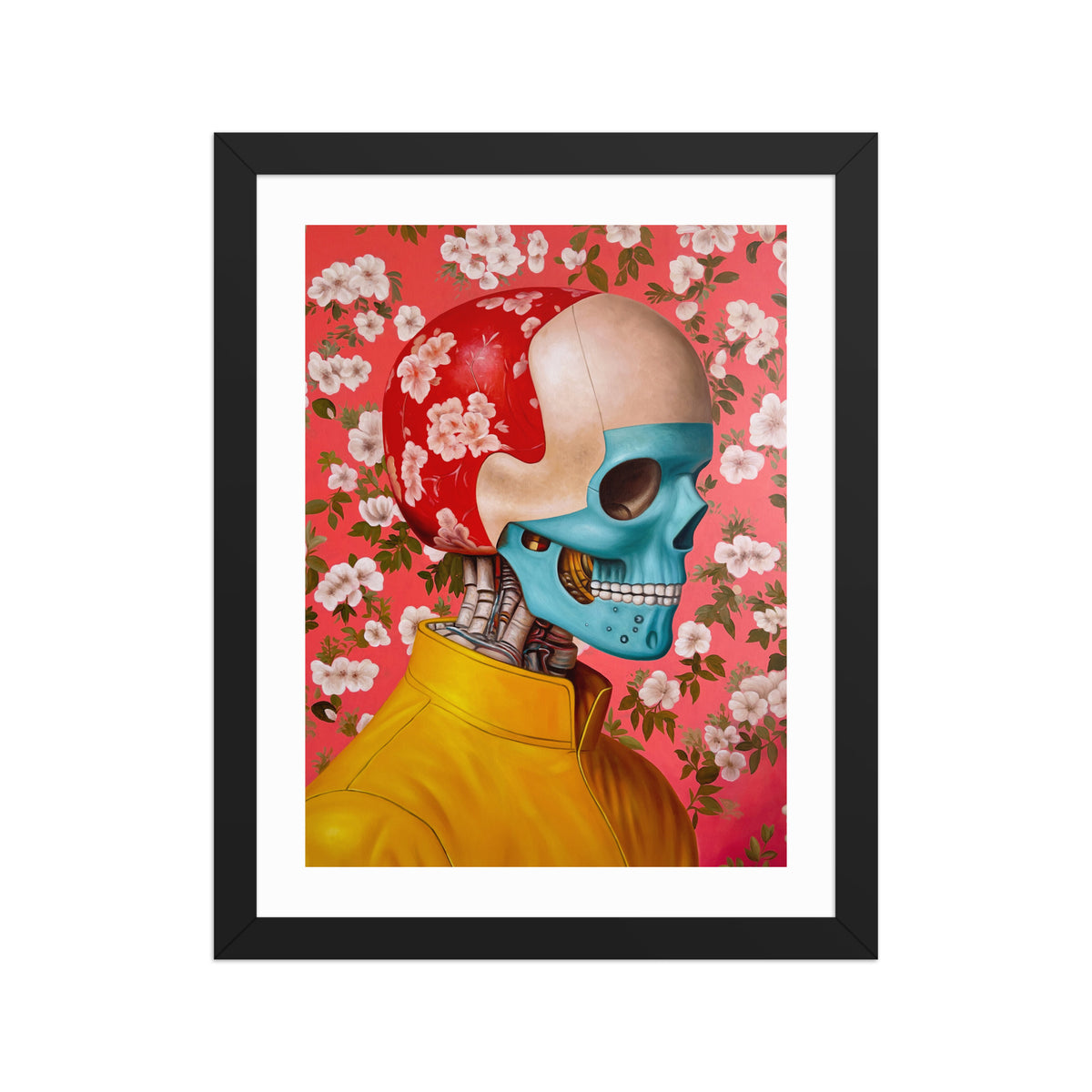 MEFREEK Seth Jennemann Open Edition Print The Museum Of The Human Interval presents a framed hyperreal painting of a robotic human skull wearing a golden jacket against a saturated pink floral background. The work embodies MEFREEK’s contemporary surrealist vision, balancing mechanical precision with the fragile nostalgia of human identity.