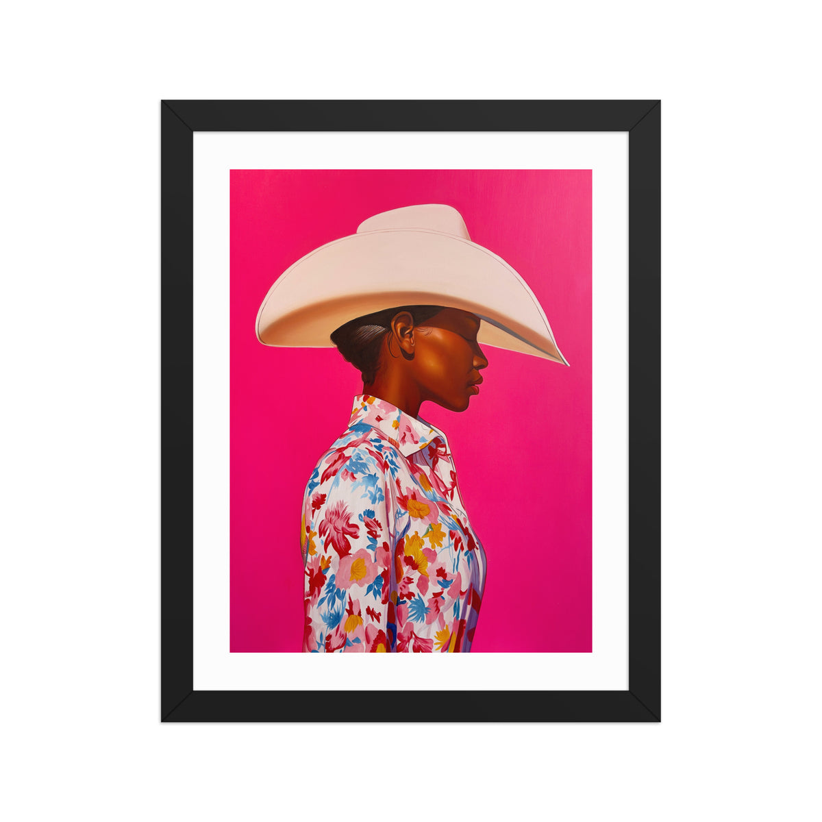 MEFREEK Seth Jennemann Open Edition Print The Milk Tastes Funny When You’re On The Carton features a hyperreal portrait of a woman in profile wearing a wide ivory cowboy hat and a bright floral shirt against a vivid magenta background. The piece combines surreal pop realism and sharp contrast to explore themes of identity, denial, and misplaced confidence.