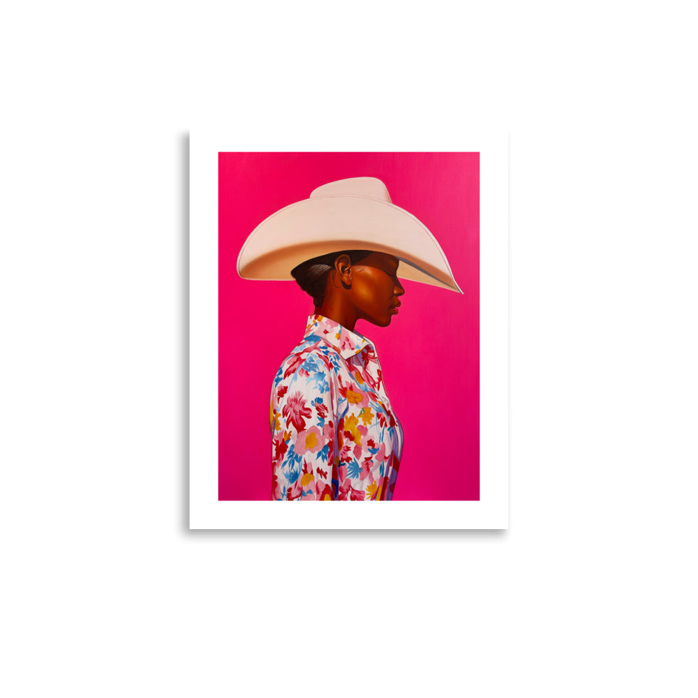 MEFREEK Seth Jennemann Open Edition Print The Milk Tastes Funny When You’re On The Carton presents a vivid portrait framed in black, featuring a woman in a large ivory cowboy hat and floral shirt on a hot pink background. The color contrast and cinematic detail capture MEFREEK’s modern surrealism, balancing absurdity, nostalgia, and identity.
