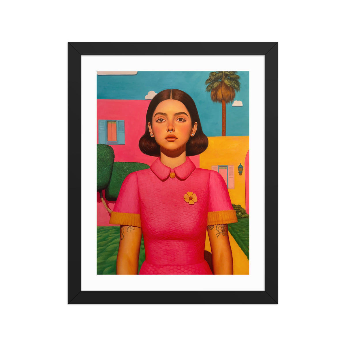MEFREEK Seth Jennemann Open Edition Print This Only Ends When You Do hyperreal oil painting portrait of a woman in a vivid pink dress with yellow trim standing against bright pastel houses and a palm tree, surreal pop contemporary art with cinematic color and precise detail.
