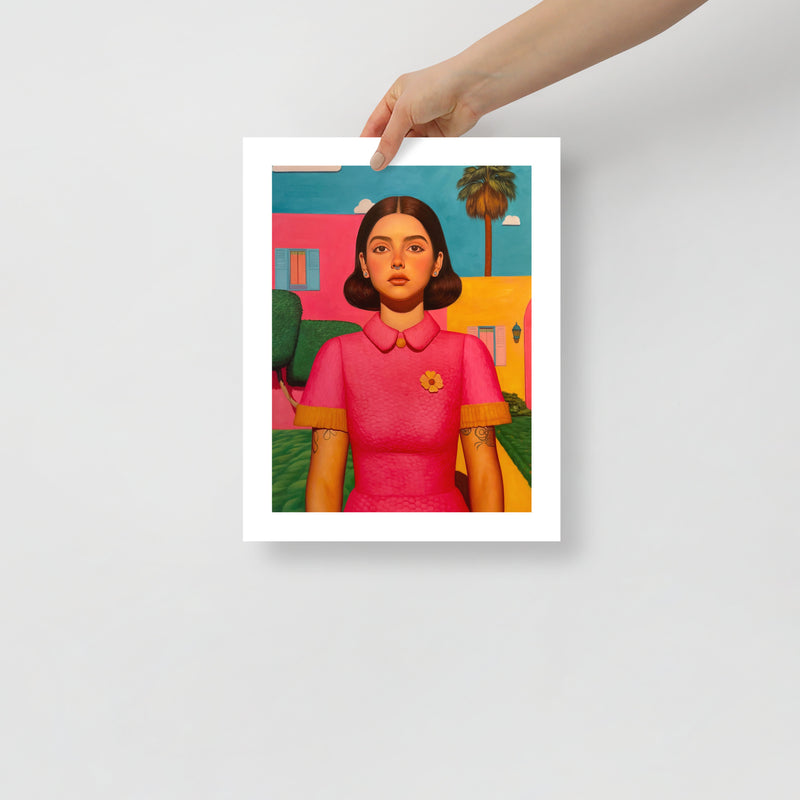 MEFREEK Seth Jennemann Open Edition Print This Only Ends When You Do fine art portrait of a woman with dark brown hair and expressionless face, wearing a pink textured dress in front of blue, yellow, and pink architecture, modern pop surrealist realism emphasizing digital stillness.