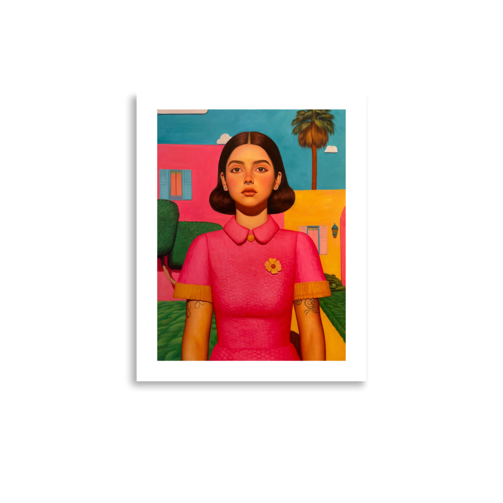 MEFREEK Seth Jennemann Open Edition Print This Only Ends When You Do framed print of a hyperreal woman in pink dress with a flower emblem, standing in front of pastel geometric buildings and a palm tree, pop surrealism oil painting with vibrant color contrast and clean minimal framing.