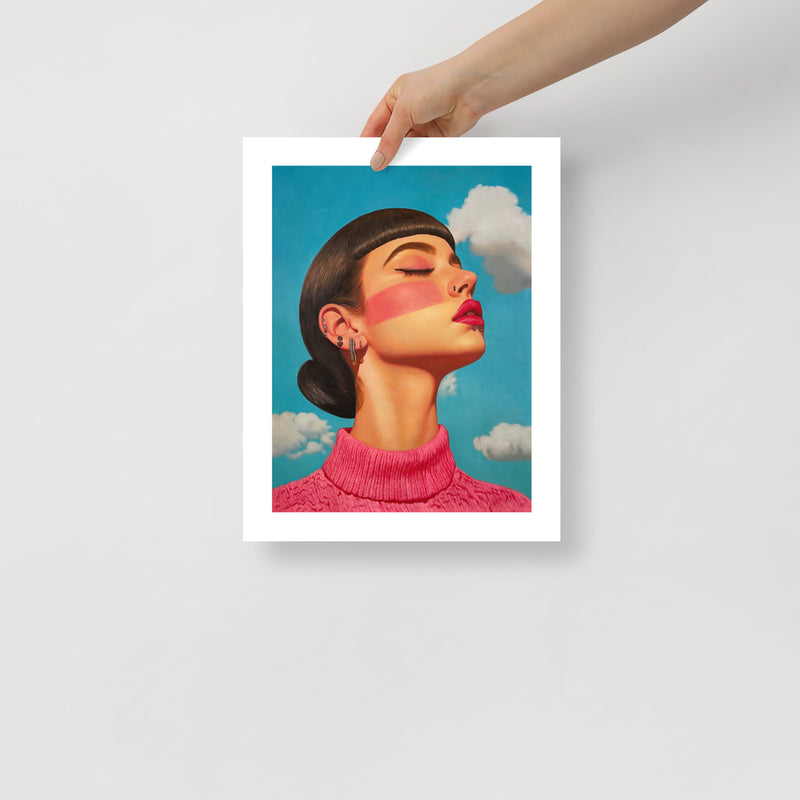 MEFREEK Seth Jennemann Open Edition Print The Weight Of Being Weightless oil painting portrait of a woman in a bright pink sweater against a turquoise sky with clouds, realistic skin tones, pink stripe across her face, hyperreal style, contemporary pop surrealism photography-inspired lighting.