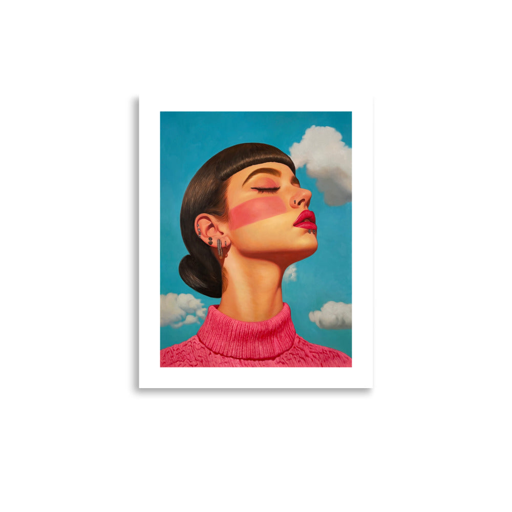 MEFREEK Seth Jennemann Open Edition Print The Weight Of Being Weightless hyperreal portrait of a woman with slick brown hair, pink facial stripe, and pink knit sweater on a vivid blue sky background, fine art realism with soft clouds and saturated color contrast.
