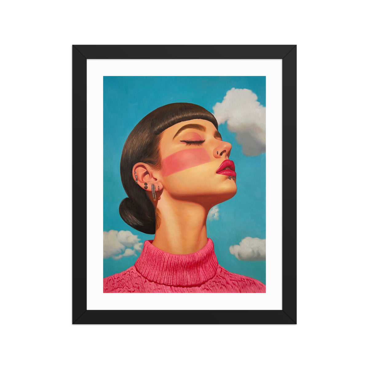 MEFREEK Seth Jennemann Open Edition Print The Weight Of Being Weightless framed fine art print featuring a woman with closed eyes, pink stripe across her face, and pink sweater beneath a vivid sky with white clouds, pop surrealist oil painting reproduction in a black frame.