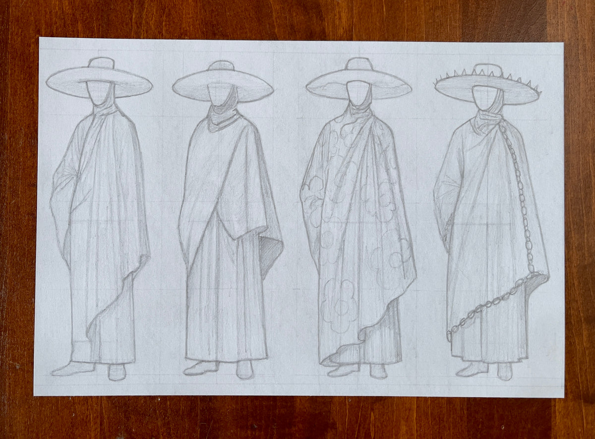 Seth Jennemann MEFREEK - The Linger Of Apology - pencil drawing in modern fashion illustration style showing four faceless croquis in long, layered robes with wide-brimmed hats, featuring variations in drape, texture, and pattern including floral and spiked details.
