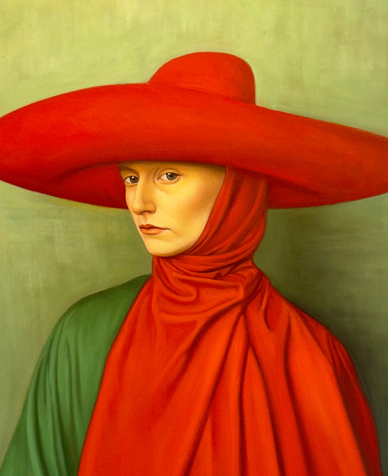 MEFREEK Seth Jennemann The Linger Of Apology hyperreal oil painting portrait of a woman wearing a large red hat and red draped garment with green clothing, surreal contemporary portrait painting on a muted green background