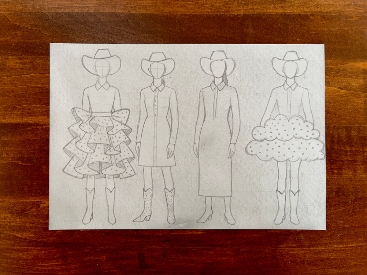 Seth Jennemann MEFREEK — The Clock Didn’t Stop, It Just Changed Hands, graphite pencil fashion illustration in conceptual sketch style. Four faceless figures wear cowboy hats and western-inspired designs featuring tiered ruffles, tailored button-up dresses, and cloud-like sculptural skirts drawn with precise linework on a light paper background.
