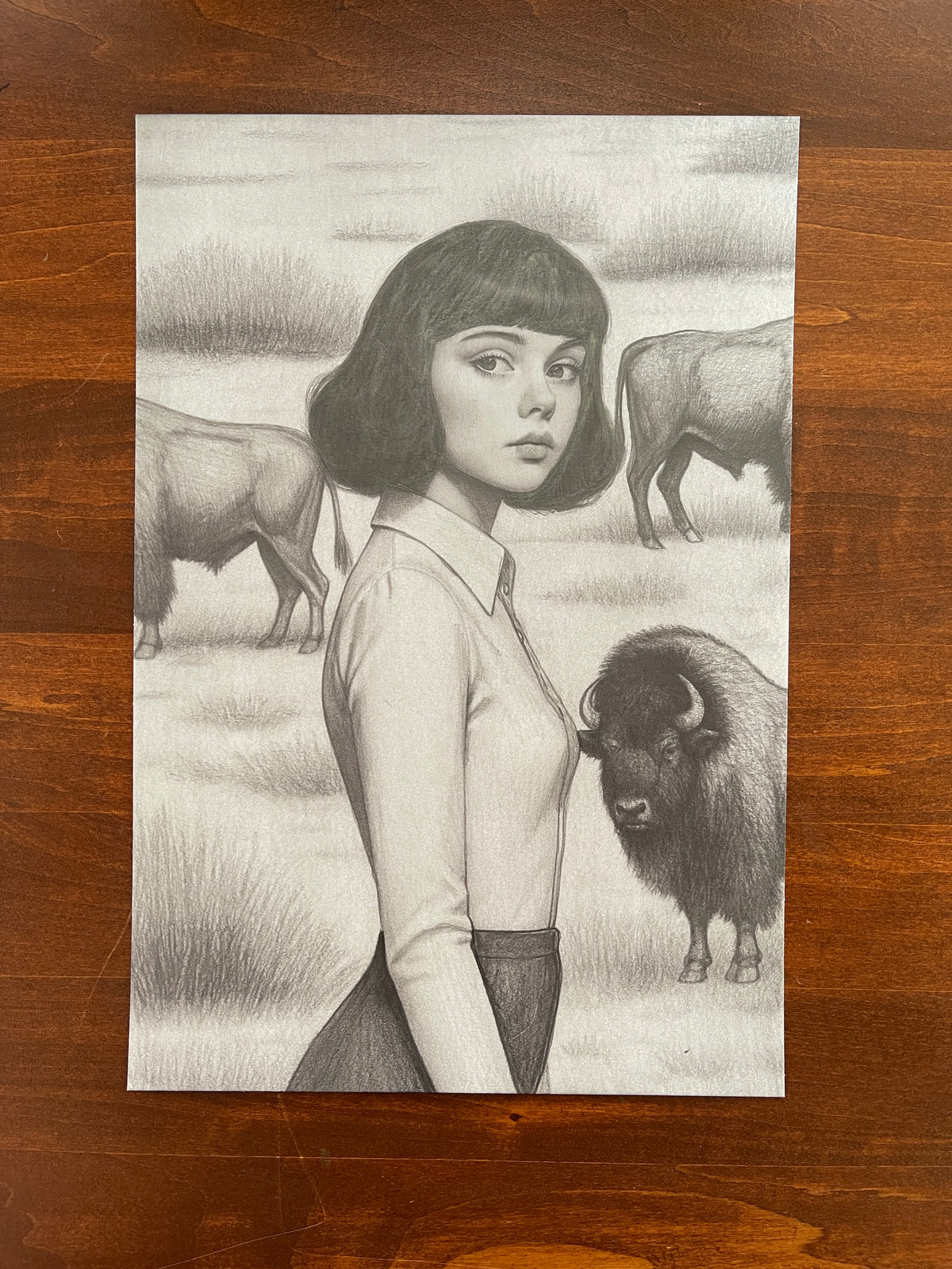 Seth Jennemann MEFREEK – “The Dirt Settled And So Did We” – graphite drawing in hyperreal contemporary portrait style. A woman with short dark hair and collared shirt stands in a grassy field beside a buffalo, evoking surreal calm and cinematic stillness in grayscale tones.
