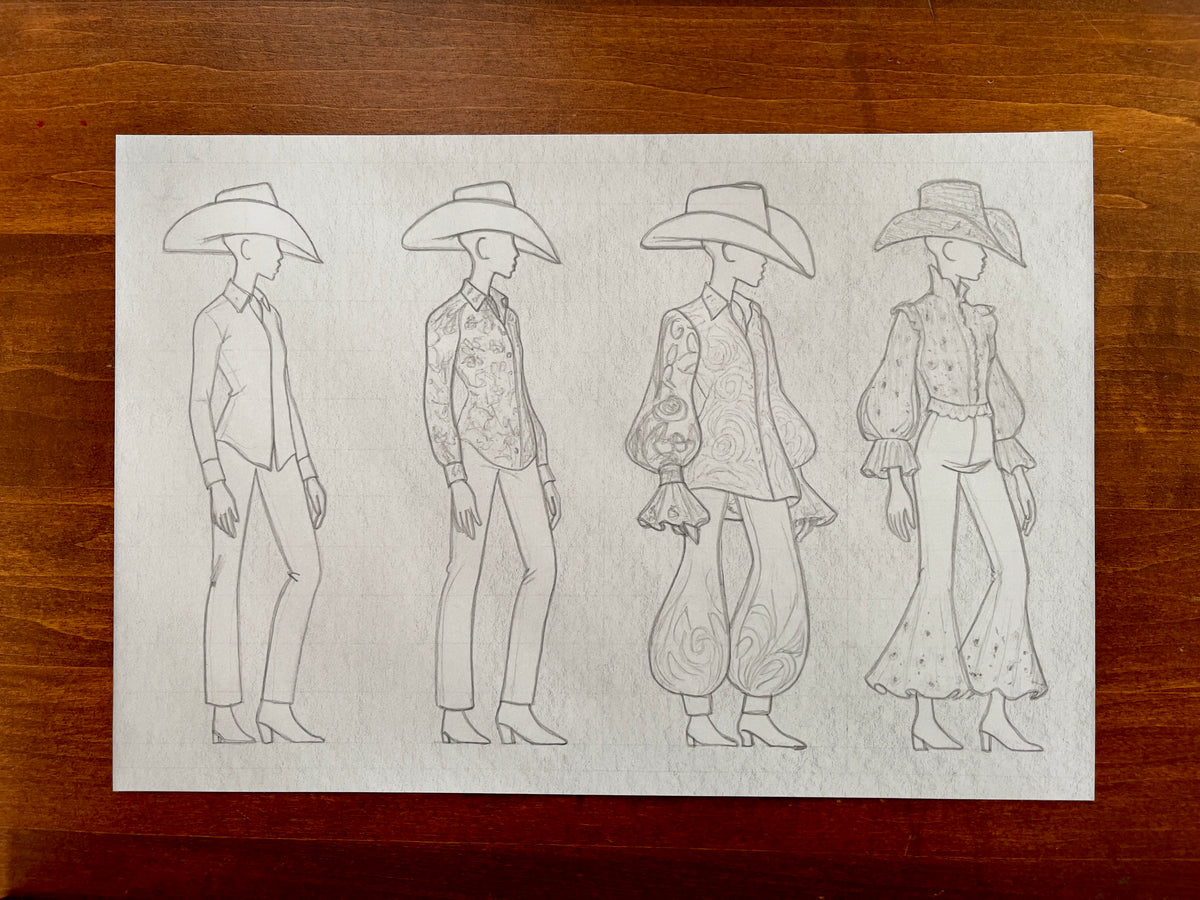 Seth Jennemann MEFREEK The Milk Tastes Funny When You’re On The Carton – graphite croquis drawing in a conceptual fashion illustration style featuring four faceless figures in cowboy hats and evolving western-inspired outfits, from classic tailored shirts to ornate patterned blouses and flared trousers.
