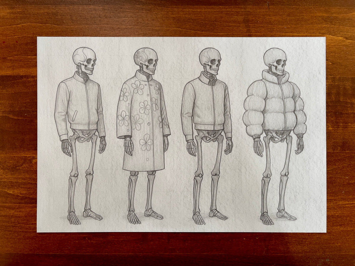 Seth Jennemann MEFREEK The Museum Of The Human Interval – graphite croquis drawing in a surreal conceptual fashion style showing four skeletal figures wearing modern outerwear, including bomber jackets, floral-patterned coats, and puffer jackets, blending anatomy and design in minimalist composition.

