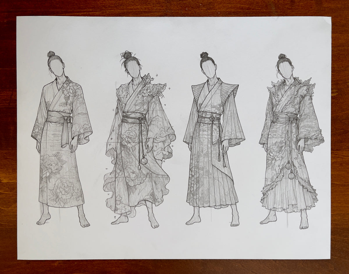 MEFREEK Seth Jennemann The Truth Shall Prevail – Original pencil fashion croquis drawing on white paper featuring four full-length, faceless figures wearing Japanese-inspired kimono designs. Each outfit features intricate floral patterns, layered fabrics, wide sleeves and decorative waist ties, with variations ranging from structured silhouettes to elaborate flowing garments. The graphite sketches are photographed on a warm brown wooden tabletop.