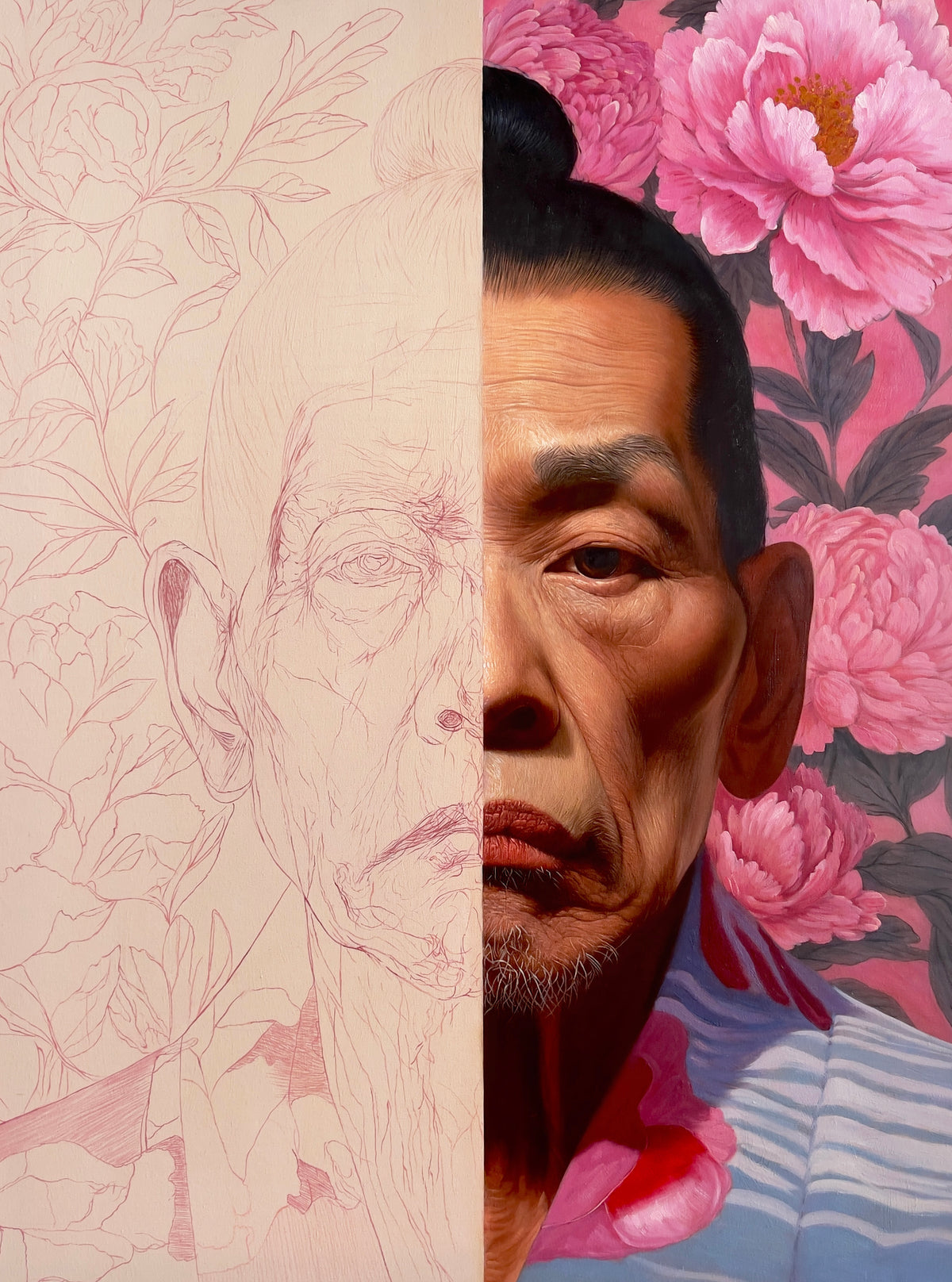 MEFREEK Seth Jennemann Original Oil Painting – The Truth Shall Prevail AKA A Face Worth Fighting For – Full view of a contemporary figurative oil painting featuring an elderly Asian man with a topknot and solemn expression, intentionally divided between unfinished pink linework on the left and richly detailed photorealism on the right, framed by blooming pink peonies.