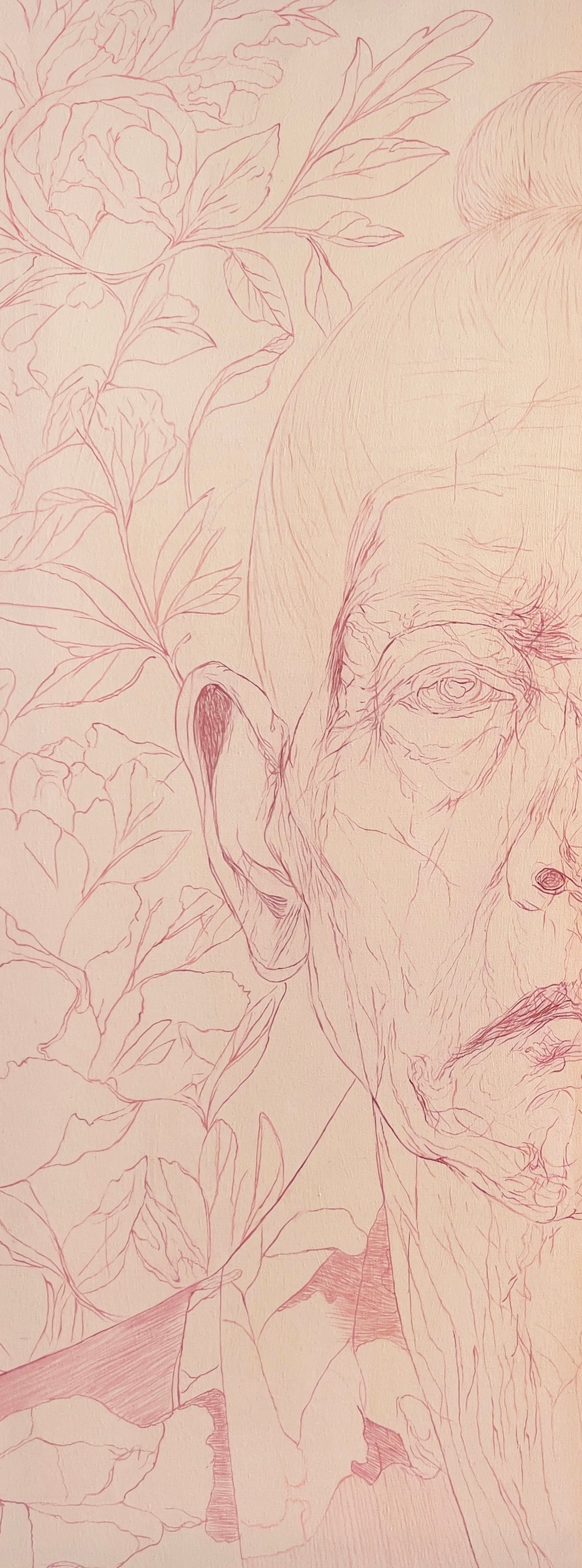 MEFREEK Seth Jennemann Original Oil Painting – The Truth Shall Prevail AKA A Face Worth Fighting For – Close-up of the intentionally unfinished left half of a contemporary oil portrait, featuring delicate rose-pink linework outlining an elderly Asian man's face, topknot, wrinkles, and surrounding peony blossoms against a pale blush background.