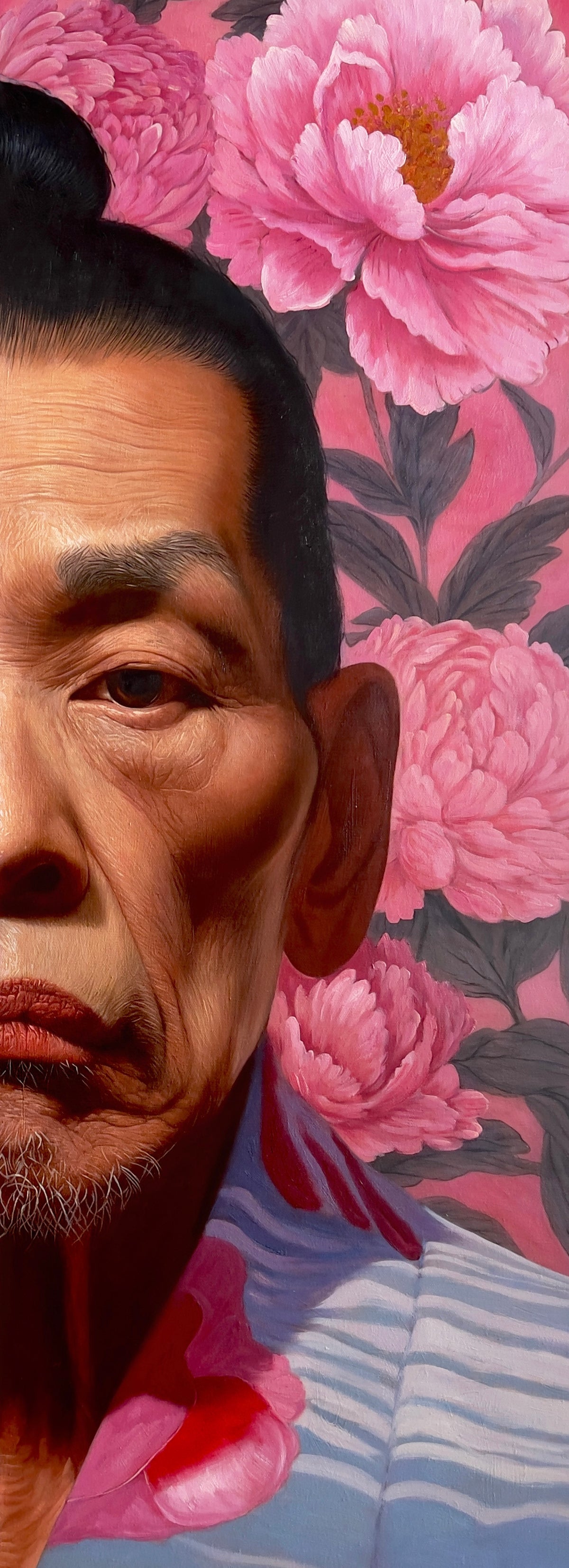MEFREEK Seth Jennemann Original Oil Painting – The Truth Shall Prevail AKA A Face Worth Fighting For – Close-up of a hyperrealistic portrait of an elderly Asian man with a solemn expression, deeply textured skin, dark hair in a topknot, and a pale blue striped garment, surrounded by vibrant pink peonies and dark foliage.