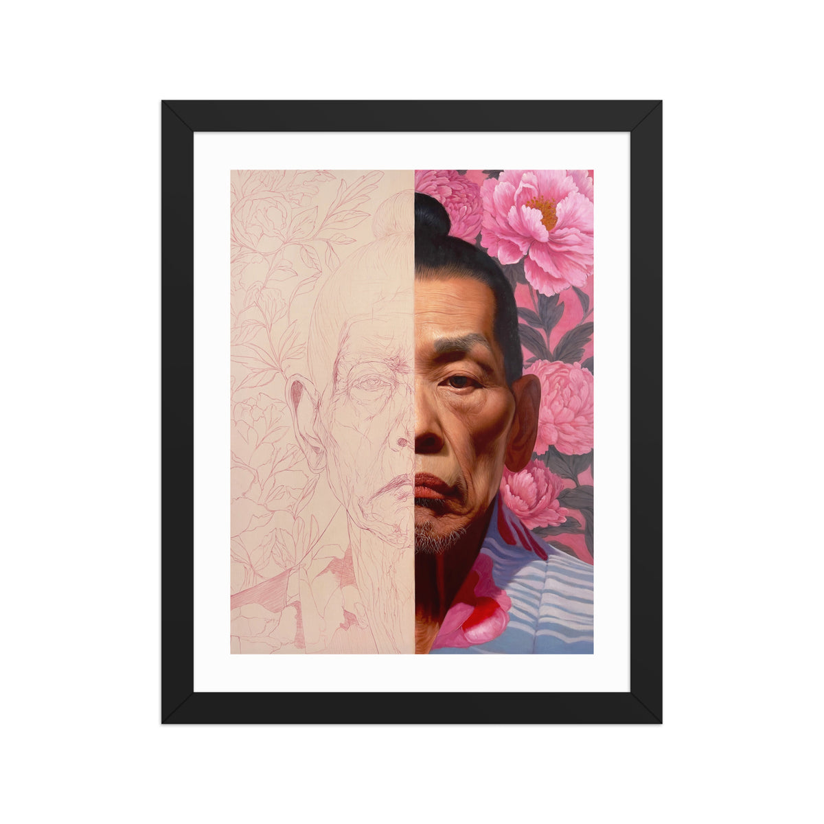MEFREEK Seth Jennemann Open Edition Art Prints The Truth Shall Prevail – Framed fine art portrait print displayed in a black frame with a white mat. The painting shows an older Asian man with a topknot, his face split precisely down the middle between a pale pink detailed line drawing and a realistic, warmly lit painted portrait. Delicate botanical sketches contrast with lush pink peony blossoms and dark foliage, creating a striking juxtaposition of unfinished and completed artwork.