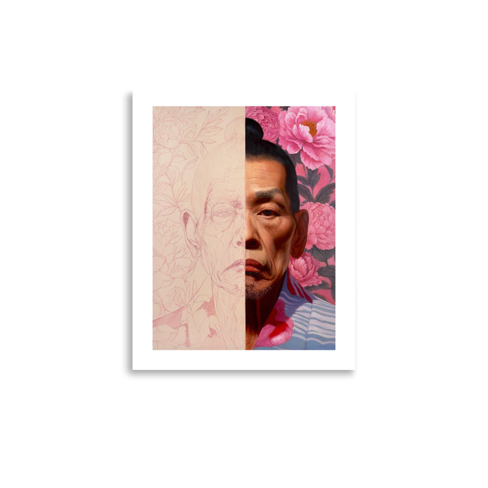 MEFREEK Seth Jennemann Open Edition Art Prints The Truth Shall Prevail – Unframed fine art print with a white border featuring a vertically split portrait of an older Asian man. One half is rendered in soft pink pencil-style outlines, revealing the underlying portrait and floral composition, while the other half is richly painted with lifelike facial details, a blue striped garment and large pink peonies against dark leaves.