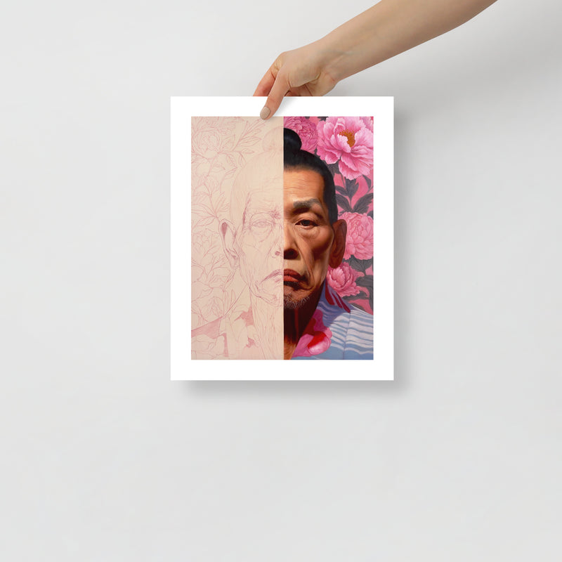 MEFREEK Seth Jennemann Open Edition Art Prints The Truth Shall Prevail – Unframed fine art portrait print held by hand against a light gray background. The artwork depicts an older Asian man with dark hair tied in a topknot, his face divided vertically between a delicate pink line drawing and a fully rendered realistic portrait. Intricate floral outlines fill the unfinished half, while vibrant pink peonies and dark foliage surround the completed half.